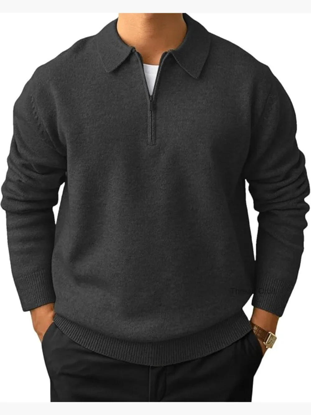 Men's Long Sleeve Knit Polo Sweater with Zip Collar